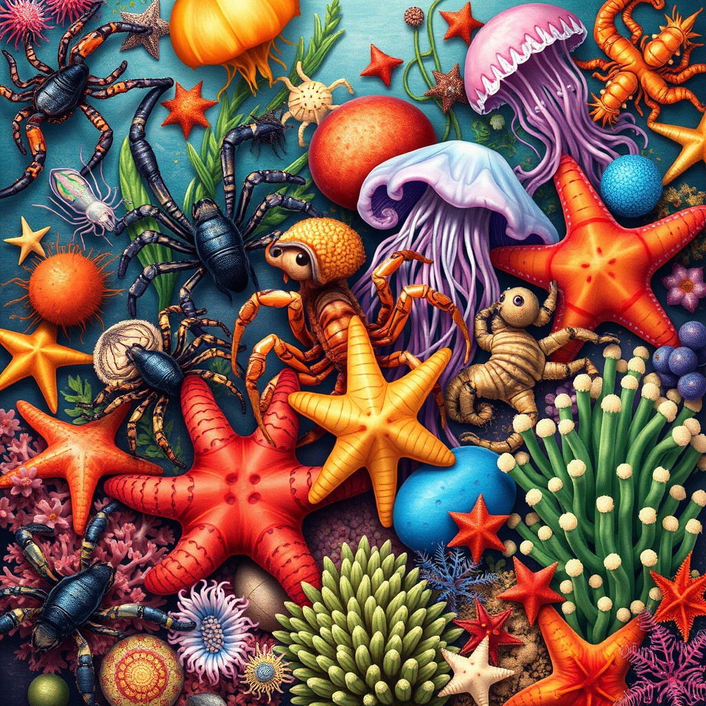 A vibrant and detailed illustration of various invertebrates, featuring a variety of arachnids like spiders and scorpions, alongside other fascinating invertebrate species such as jellyfish, octopuses, starfish, and sea anemones