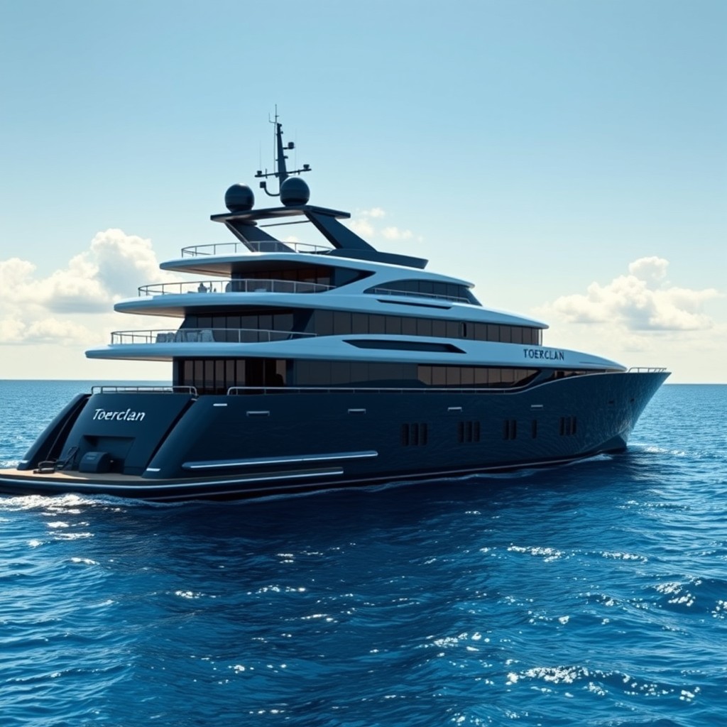 A large, luxurious yacht sailing on calm blue waters with the name 'Toerclan' elegantly displayed on the side