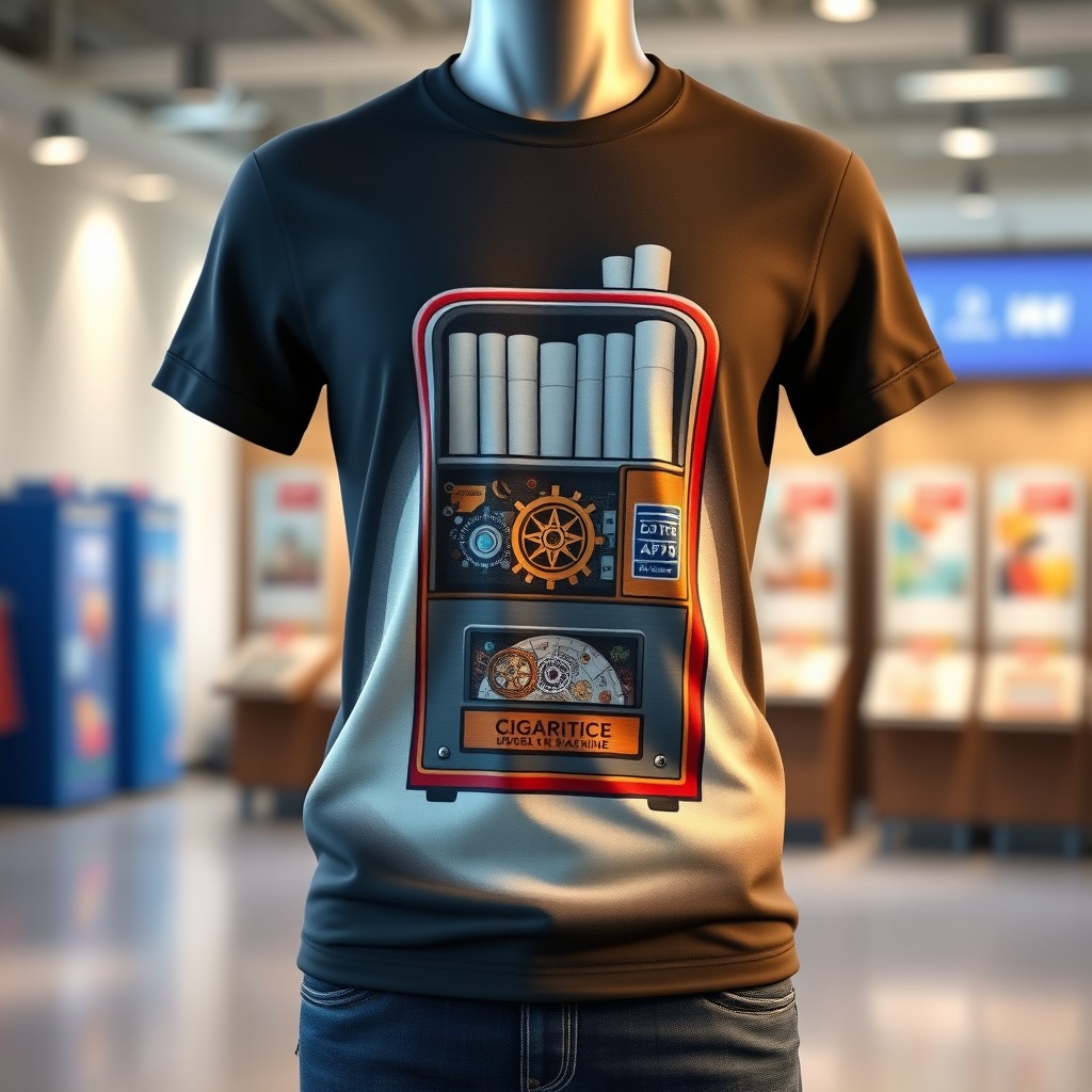 A detailed 3D illustration of a stylish t-shirt featuring a printed design of a cigarette machine, showcasing intricate mechanical elements and a vibrant, artistic representation of the machine's functionality