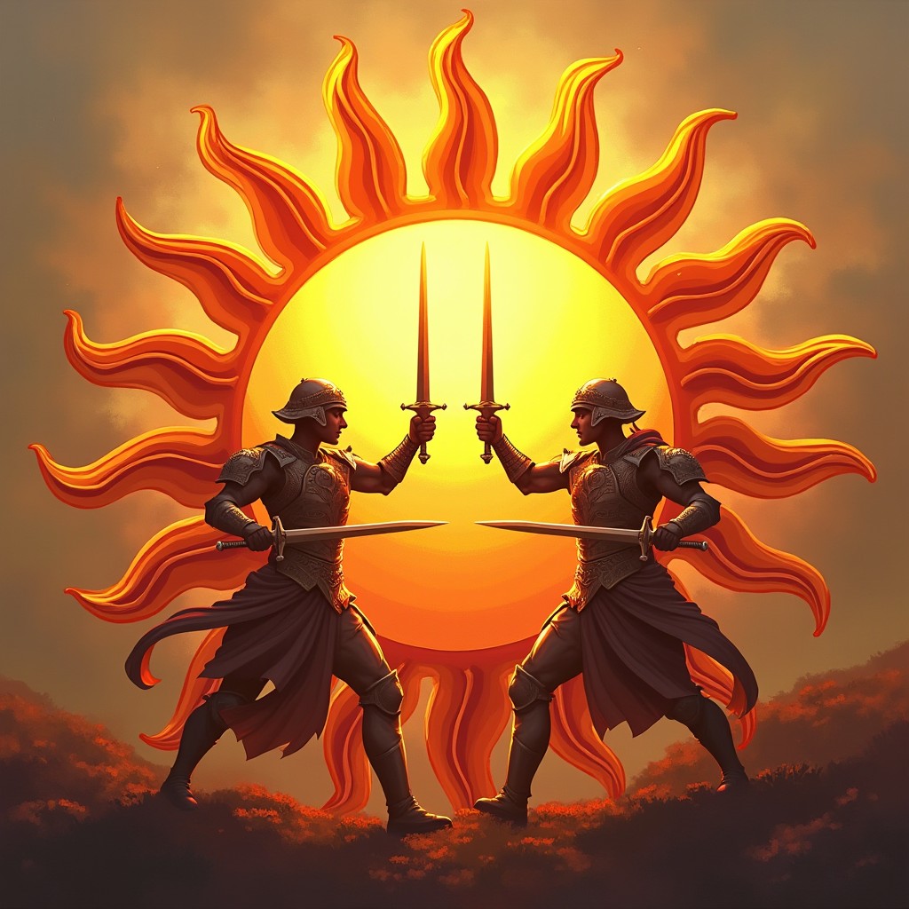 A striking emblem featuring a sun that radiates vibrant colors and stylized sun rays, combined with illustrations of espadachim, skillfully wielding swords in an elegant pose