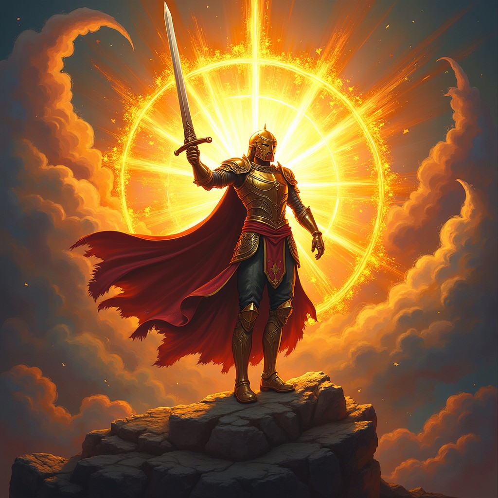 An artistic emblem inspired by the 'espadachim do sol', showcasing a dynamic sun with radiant beams extending outward