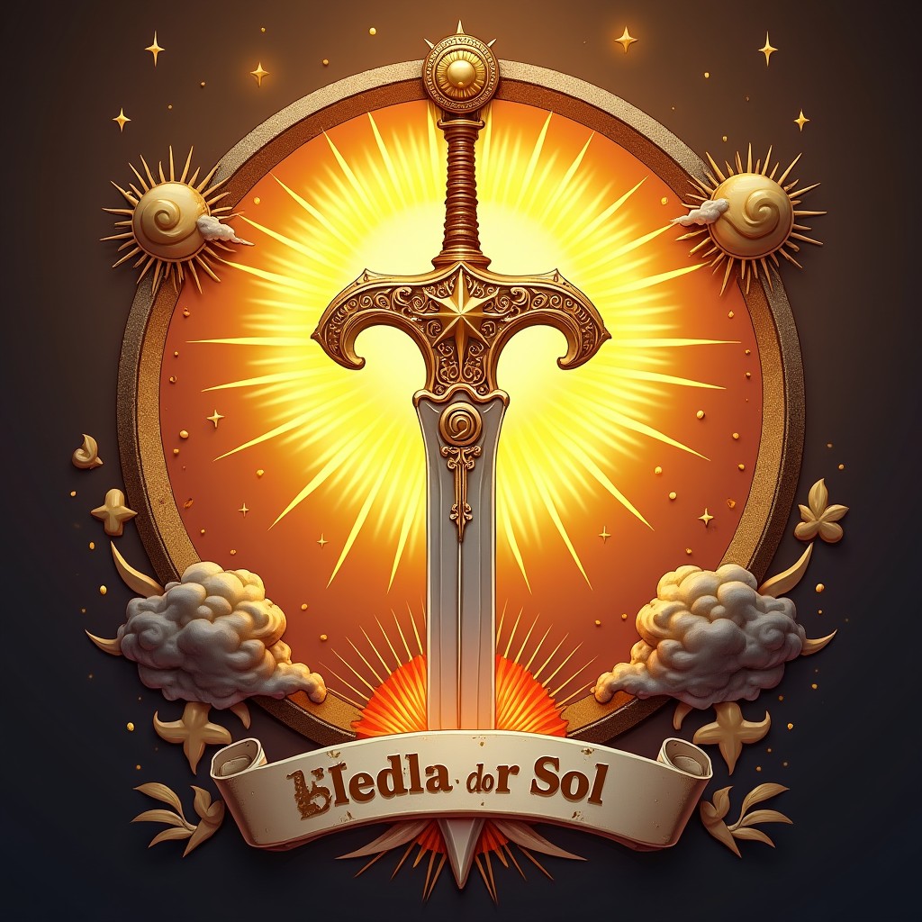 An elaborate emblem showcasing the 'Espada do Sol', featuring a beautifully crafted sword with sun motifs engraved along the blade and a radiant sun at the hilt