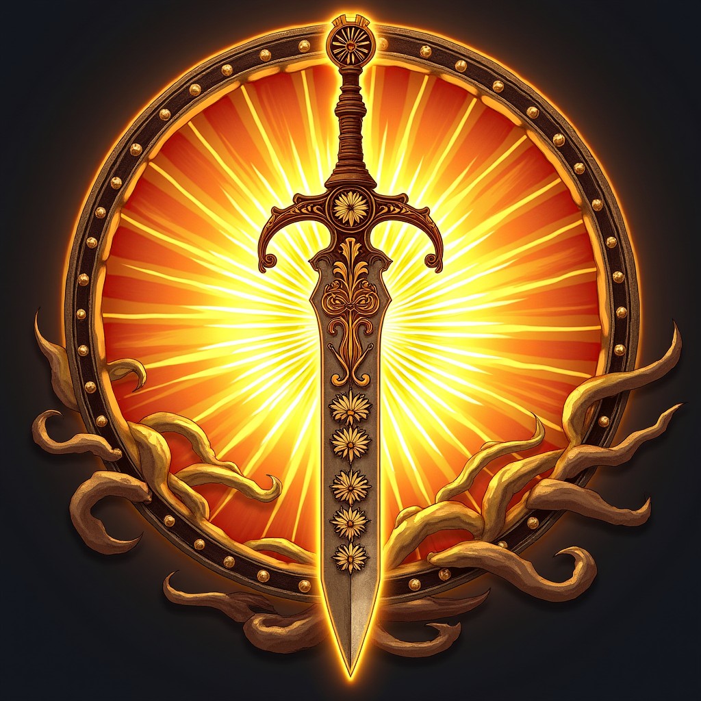 A detailed emblem representing the 'Espada do Sol', showcasing a magnificent sword adorned with intricate sun motifs along the blade