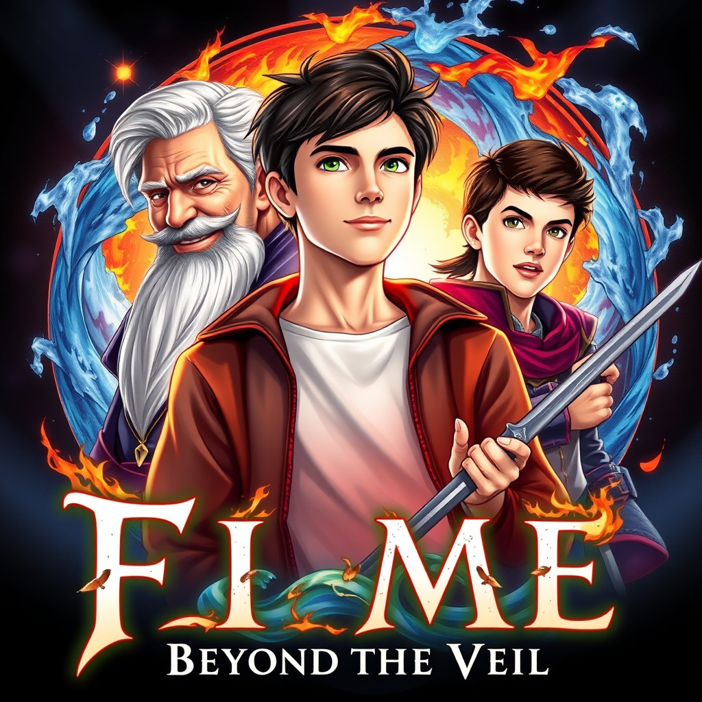 A fantasy book cover illustration featuring an 18-year-old main character in the center, displaying confidence and charisma