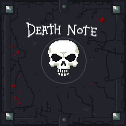 A 32x32 pixel texture representing the Death Note from the anime, featuring a dark, leather-like cover with a striking skull emblem in the center