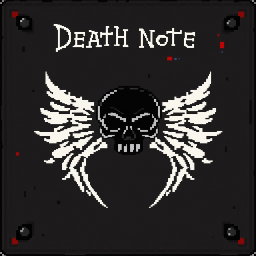 A 32x32 pixel texture representing the Death Note from the anime, featuring a dark, leather-like cover with a striking skull emblem in the center