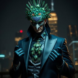 Un supervillano impactante, inspirado en la belleza y los colores vibrantes de un pavo real