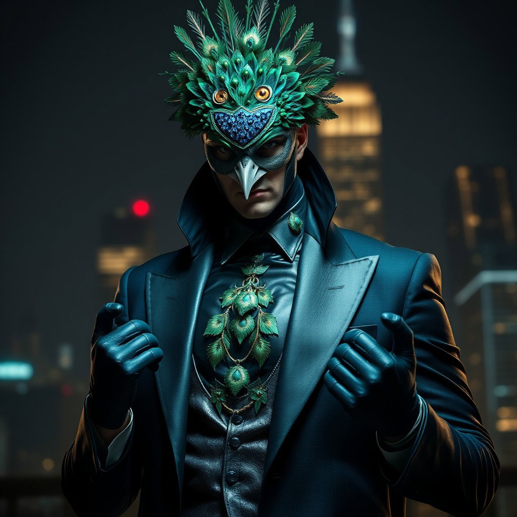 Un supervillano impactante, inspirado en la belleza y los colores vibrantes de un pavo real