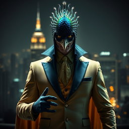 Un supervillano impactante, inspirado en la belleza y los colores vibrantes de un pavo real