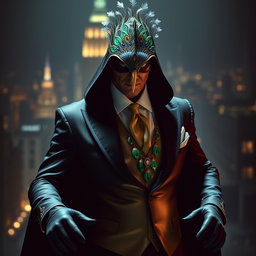 Un supervillano impactante, inspirado en la belleza y los colores vibrantes de un pavo real