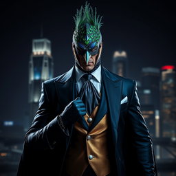 Un supervillano impactante, inspirado en la belleza y los colores vibrantes de un pavo real