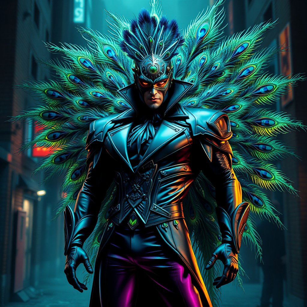 A striking supervillain inspired by a peacock, featuring an elaborate costume adorned with vibrant, iridescent feathers that mimic a peacock's plumage