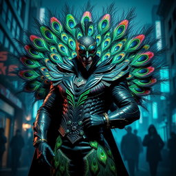 A striking supervillain inspired by a peacock, featuring an elaborate costume adorned with vibrant, iridescent feathers that mimic a peacock's plumage