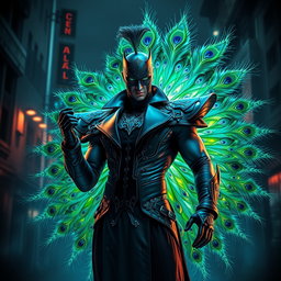A striking supervillain inspired by a peacock, featuring an elaborate costume adorned with vibrant, iridescent feathers that mimic a peacock's plumage