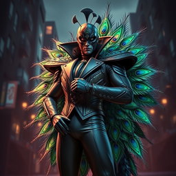 A striking supervillain inspired by a peacock, featuring an elaborate costume adorned with vibrant, iridescent feathers that mimic a peacock's plumage
