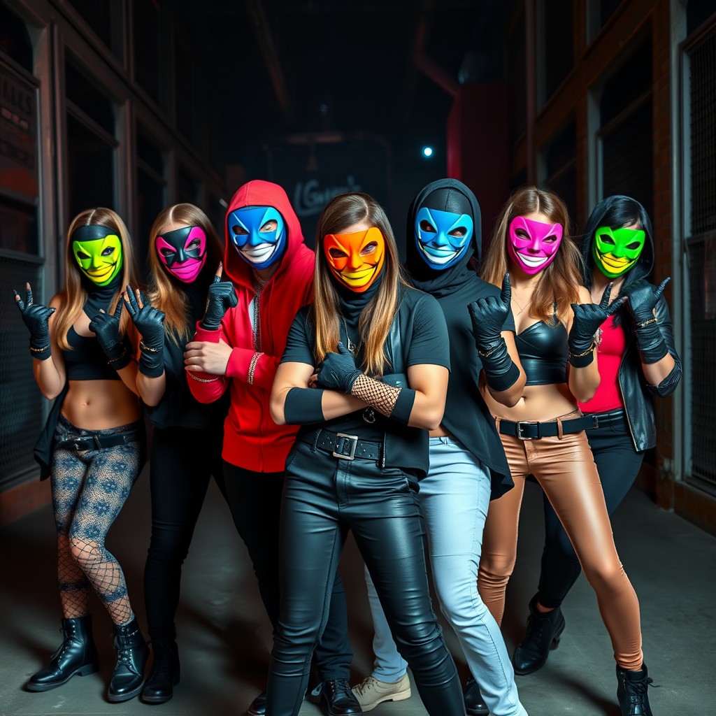 A dynamic group of young supervillains, each dressed in stylish and edgy outfits that match their villainous personas