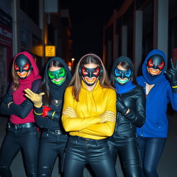 A dynamic group of young supervillains, each dressed in stylish and edgy outfits that match their villainous personas