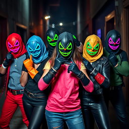 A dynamic group of young supervillains, each dressed in stylish and edgy outfits that match their villainous personas