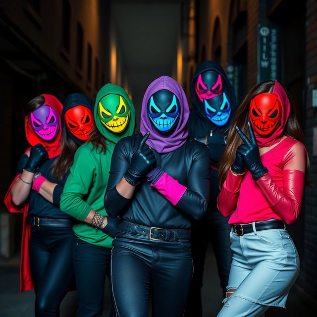 A dynamic group of young supervillains, each dressed in stylish and edgy outfits that match their villainous personas