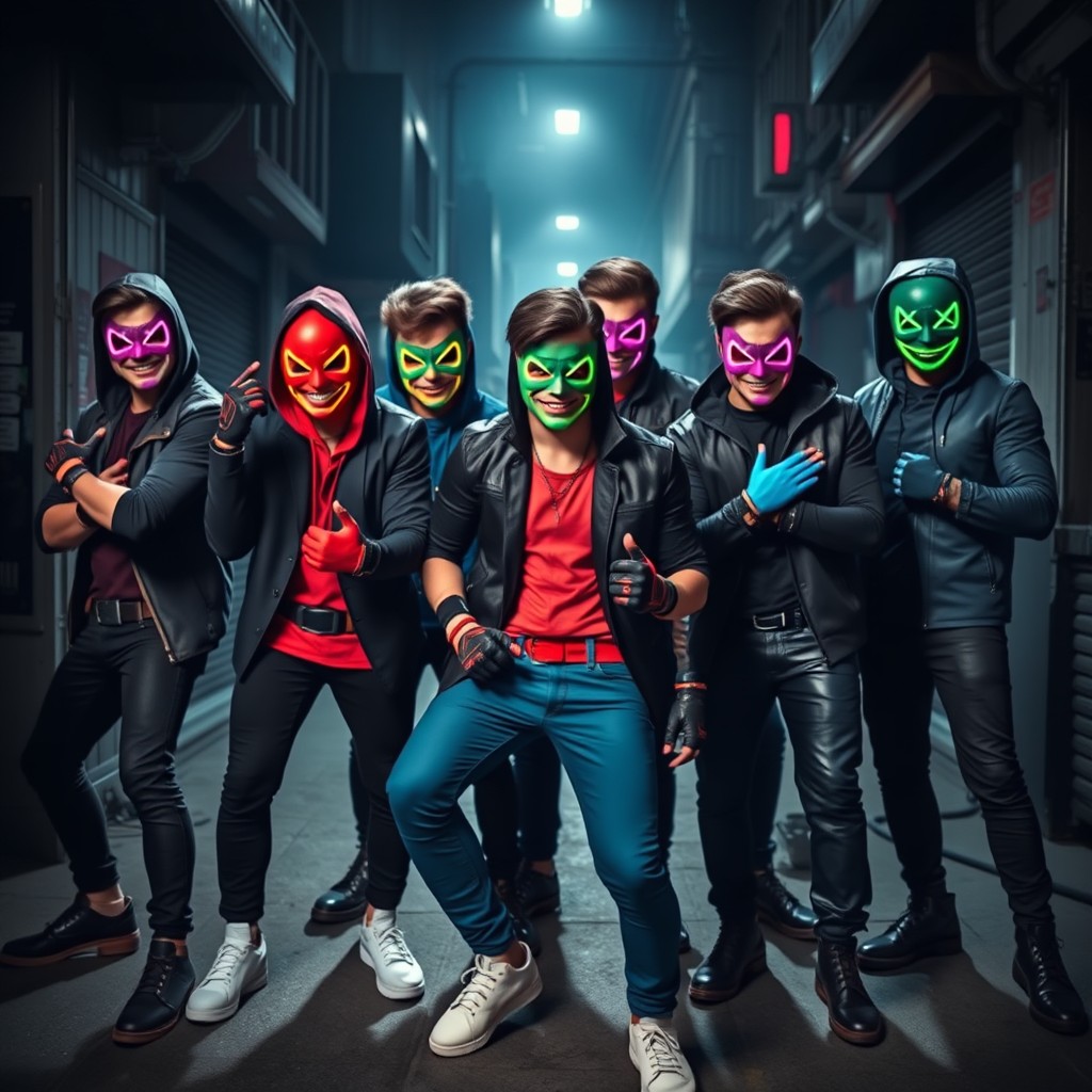 A dynamic group of young male supervillains, each wearing stylish and edgy outfits that reflect their villainous identities