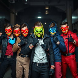 A dynamic group of young male supervillains, each wearing stylish and edgy outfits that reflect their villainous identities