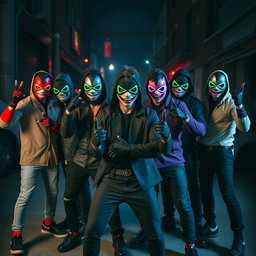 A dynamic group of young male supervillains, each wearing stylish and edgy outfits that reflect their villainous identities