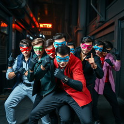 A dynamic group of young male supervillains, each wearing stylish and edgy outfits that reflect their villainous identities
