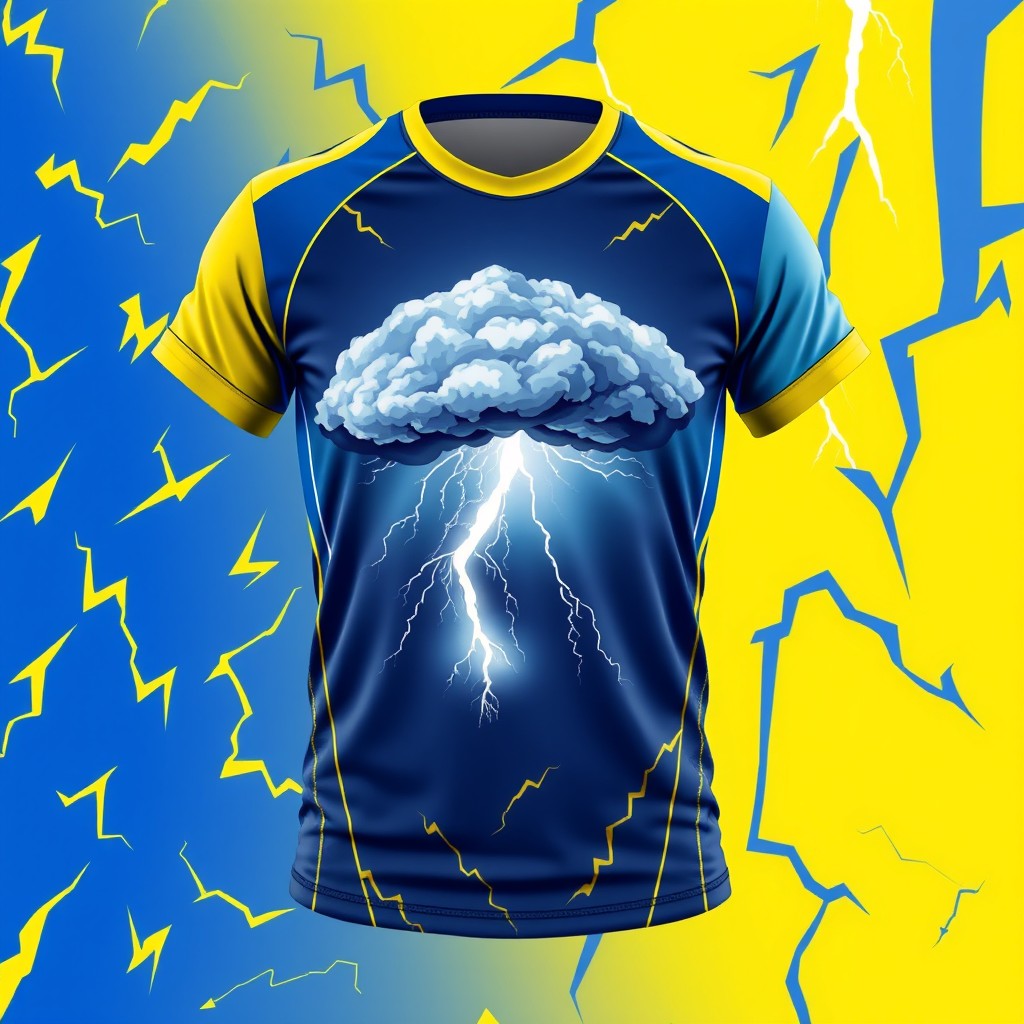 A vibrant and dynamic volleyball jersey designed with a thunder and lightning theme, featuring bold lightning bolt patterns in shades of electric blue and bright yellow across the fabric
