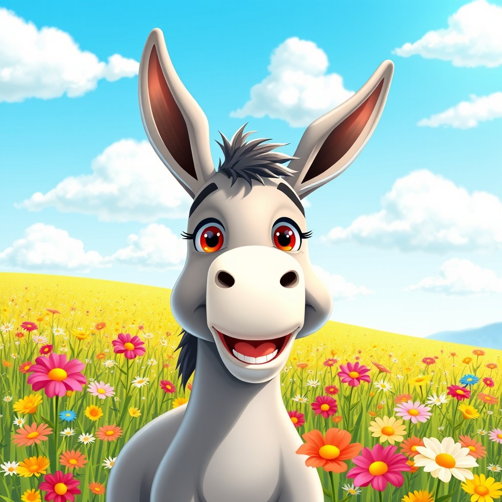 A cheerful, cartoon-style donkey with a big smile and sparkling eyes, standing in a sunny meadow filled with colorful flowers