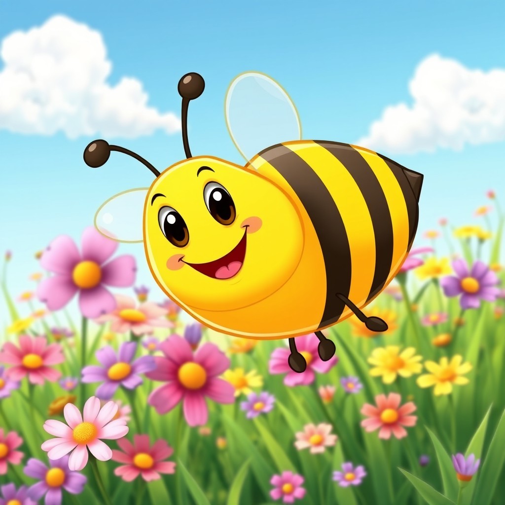 A cheerful, cartoon-style bee with a big smile and bright, sparkling eyes, hovering joyfully among colorful flowers