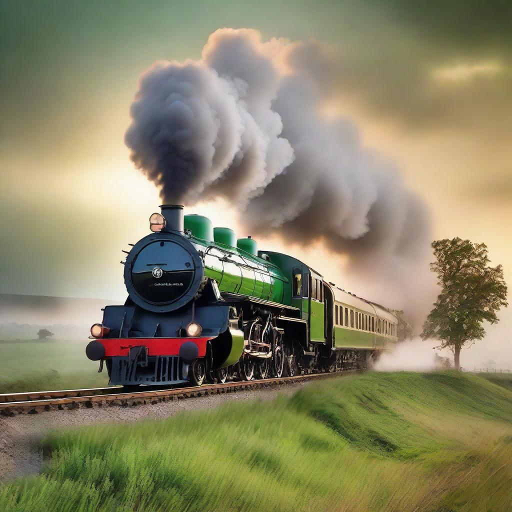 Vintage steam locomotive racing across a luscious green countryside, with billowing smoke against a backdrop of a dramatic sunset.