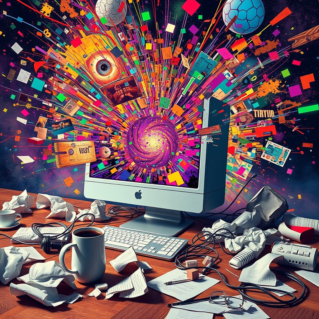 A surreal and chaotic scene depicting the concept of 'brainrot', featuring a computer bursting with colorful, abstract ideas and images