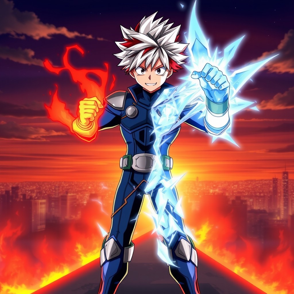 Shoto Todoroki from My Hero Academia, standing heroically on a city rooftop, his left side engulfed in flames and his right side covered in ice, showcasing his dual powers