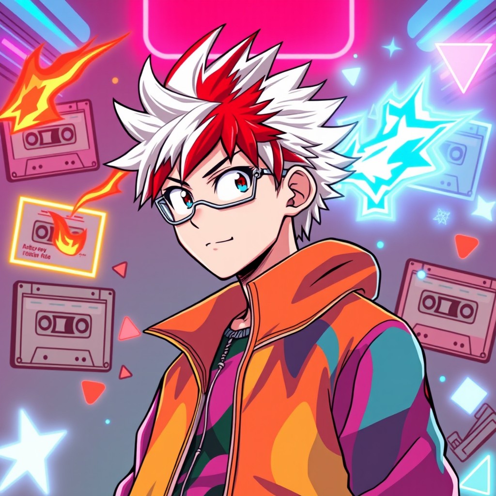 Shoto Todoroki from My Hero Academia, depicted in a vibrant 1980s retro style, with a flamboyant twist showcasing his character as part of the LGBTQ+ community
