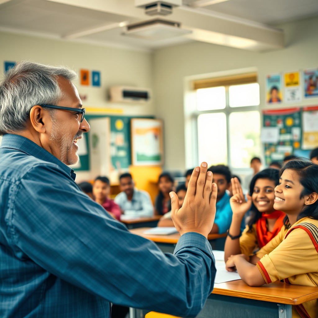 A heartwarming scene of a college professor in India passionately engaging with students, showcasing a positive and inspiring atmosphere