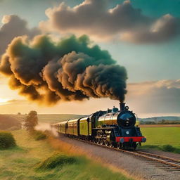 Vintage steam locomotive racing across a luscious green countryside, with billowing smoke against a backdrop of a dramatic sunset.