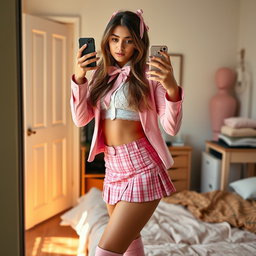 A stunning 18-year-old Arabic woman with an effortlessly thin and skinny figure, featuring large breasts, a tiny waist, and very wide hips that emphasize her alluring shape