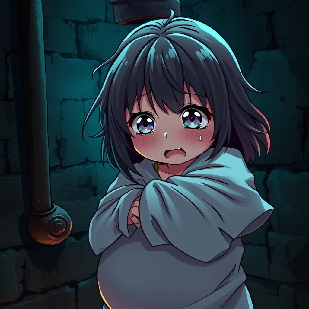 A crying, plump anime girl in her pregnancy, tightly bound to a pipe in a dimly lit basement