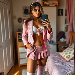 A gorgeous 18-year-old Arabic woman with a stunning thin and skinny figure, featuring large breasts, a tiny waist, and very wide hips that enhance her alluring silhouette