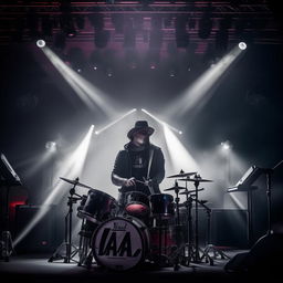 A hefty male metal drummer wearing a hat, with a clear view of his face, and a hoodie with the inscription 'YASA', performing on a grand stage filled with lots of spectators and cool lighting effects.