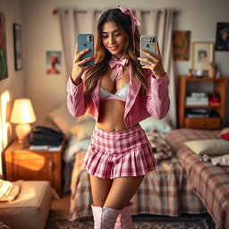 A stunning 18-year-old Arabic woman with an enchanting thin and skinny build, defined by large breasts, a tiny waist, and very wide hips that create a striking silhouette