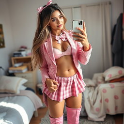 A stunning 18-year-old Arabic woman with an eye-catching thin and skinny figure, featuring large breasts, a tiny waist, and very wide hips that elegantly define her silhouette