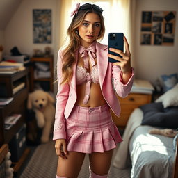 A beautiful 18-year-old Arabic woman with a stunningly thin and skinny figure characterized by large breasts, a tiny waist, and very wide hips