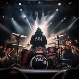 A hefty male metal drummer wearing a hat, with a clear view of his face, and a hoodie with the inscription 'YASA', performing on a grand stage filled with lots of spectators and cool lighting effects.