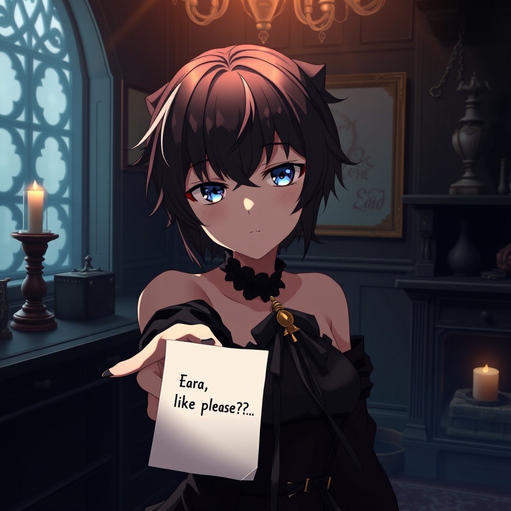 Character Nero from the anime Black Clover, looking slightly shy, extending a note with the text 'like please?