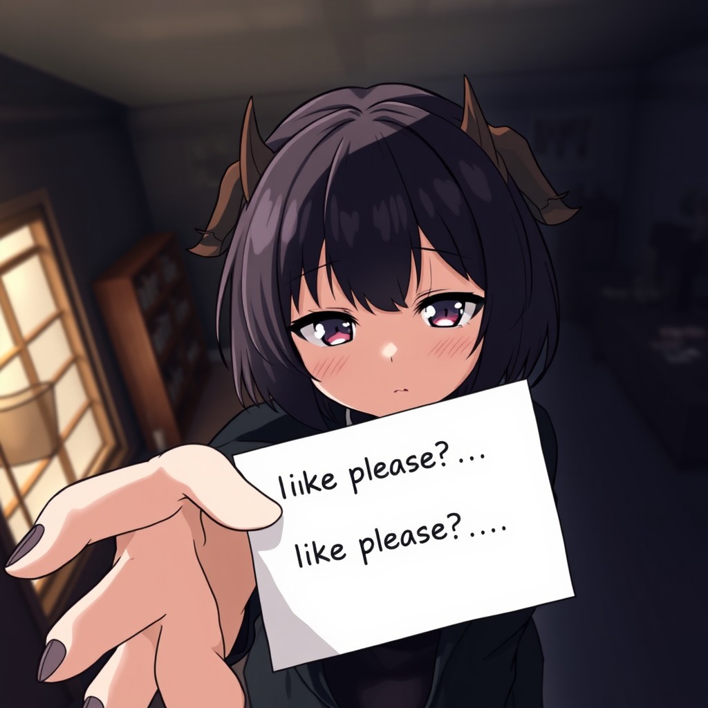 Character Nero from the anime Black Clover, depicted as a girl with dark hair and small demon-like horns, looking slightly shy as she extends a note toward the camera with the text 'like please?