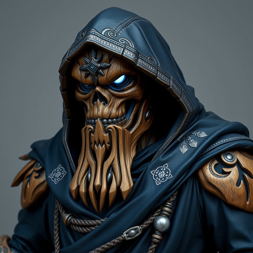 A masculine warforged character made of intricately carved wood, featuring a distinct metal lower jaw