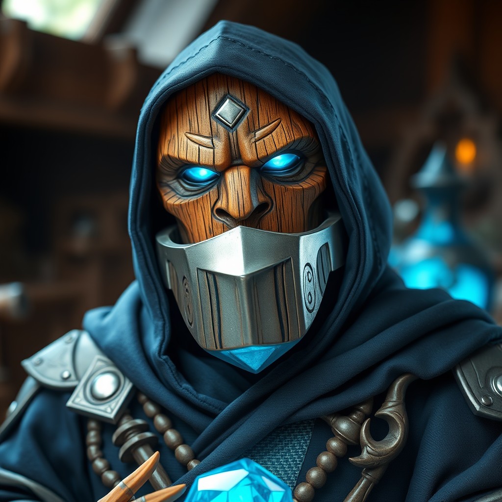 A masculine warforged character crafted from intricately textured wood, featuring a sleek metal lower jaw