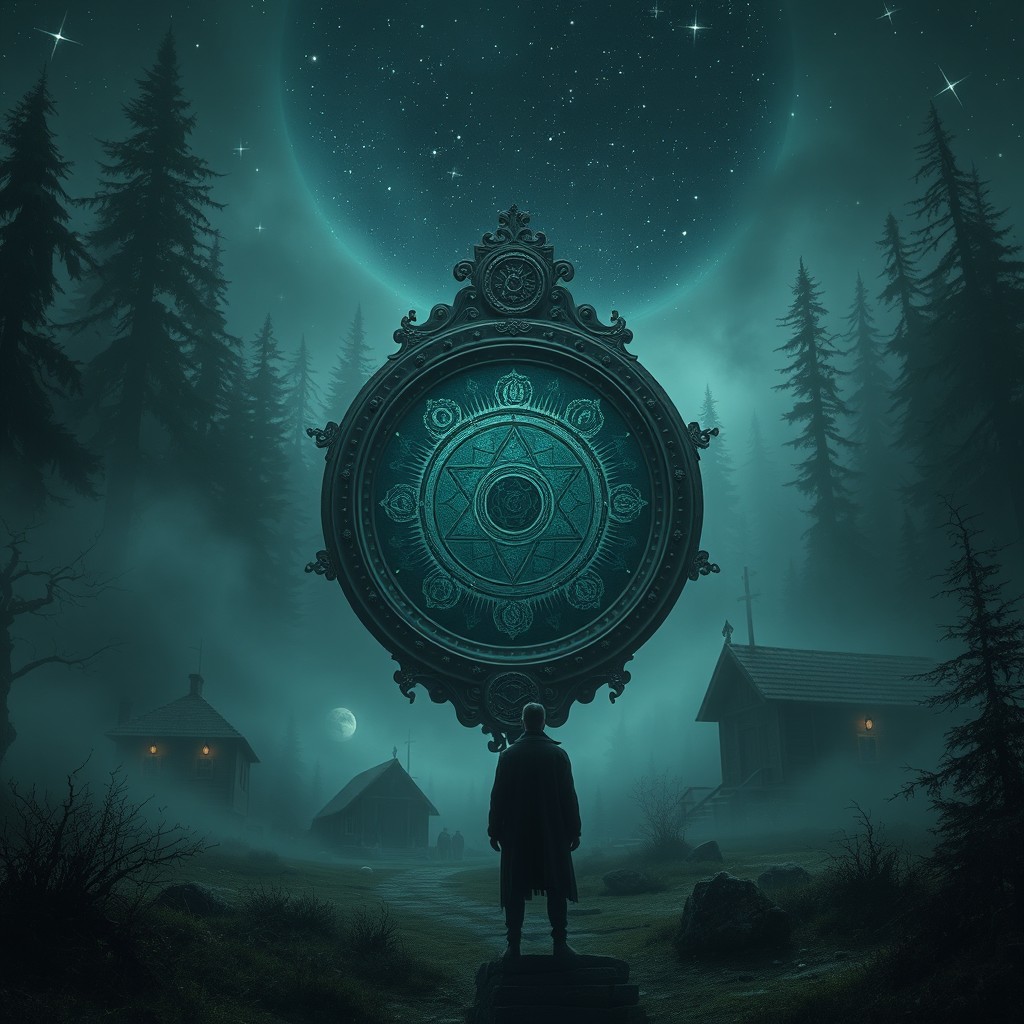 An eerie and isolated village, New Heaven, in the style of Lovecraftian horror, featuring an ancient mirror with occult symbols reflecting dark rituals