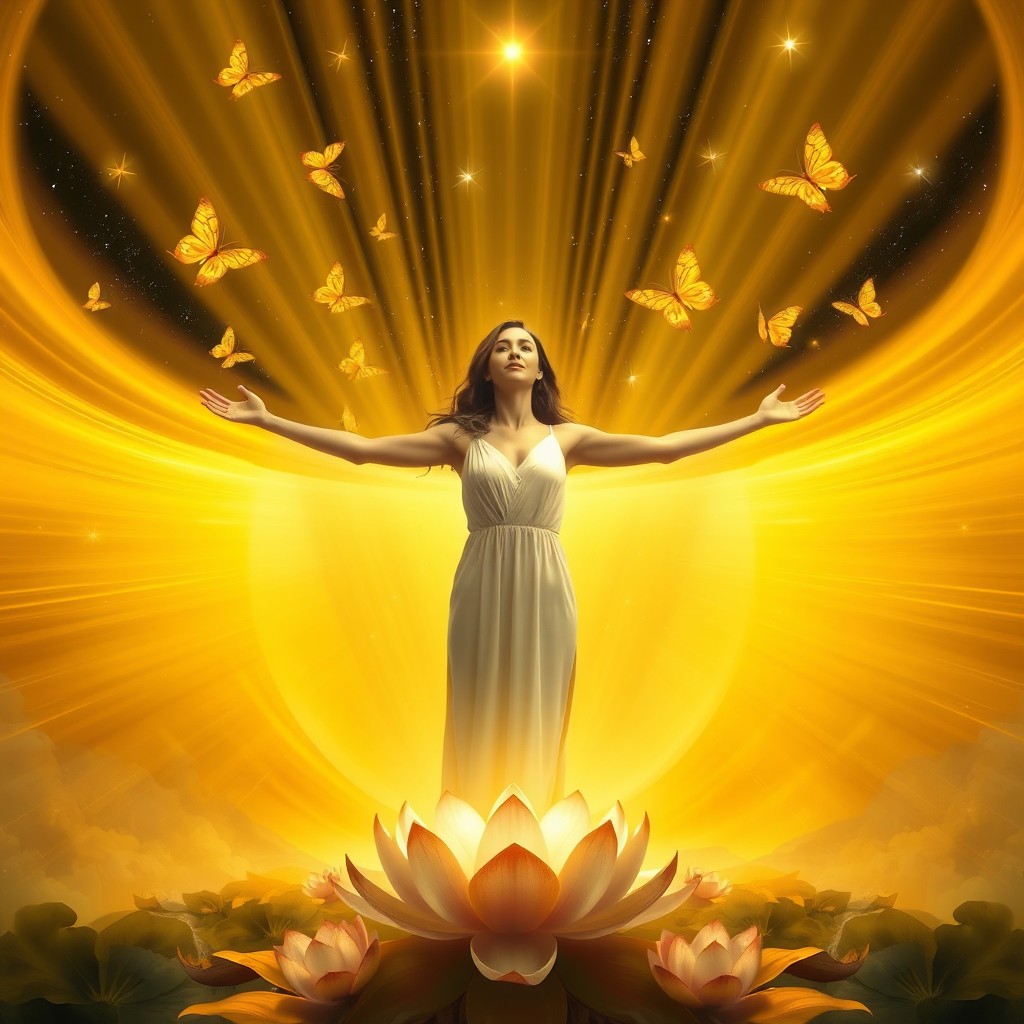 A woman stands in the center of a golden vortex, her arms open wide and a serene expression on her face